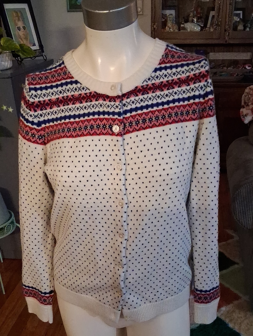 Cream Fair Isle Crewneck Cardigan Sweater - Women's